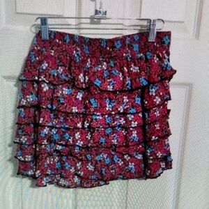 H&M Layered Floral Mini Skirt - Magenta with Blue & White Flowers